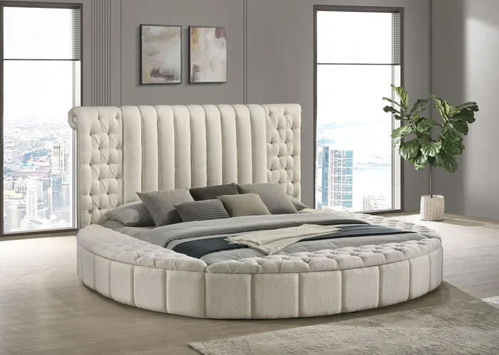 Sonya Ivory Upholstered Eastern King Round Storage Bed