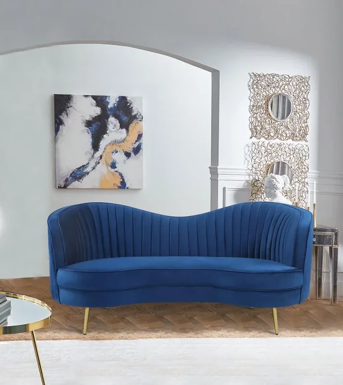 Sophia Blue Upholstered Camel Back Loveseat