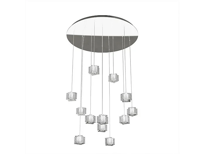 Sospensione Contemporanea Rubik Metallo Cromo Diffusore Cristallo 12 Luci G9