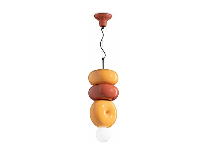 Sospensione Vintage Decò Bumbum 2+1 Elementi Ceramica Gialla Arancio 1 Luce E27