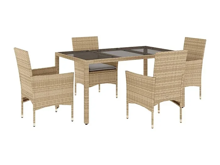 Stafford Springs Set comedor jardín 5 pzas cojines ratán sintético vidrio beige