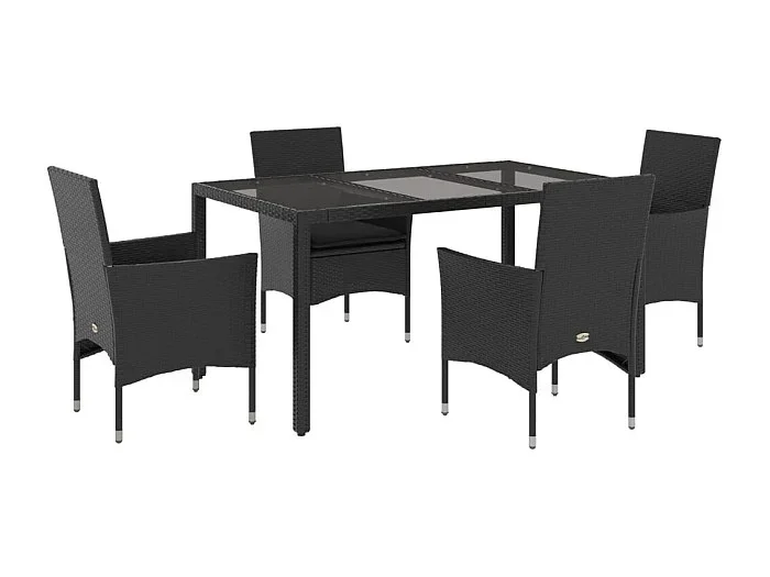 Stafford Springs Set comedor jardín 5 pzas cojines ratán sintético vidrio negro