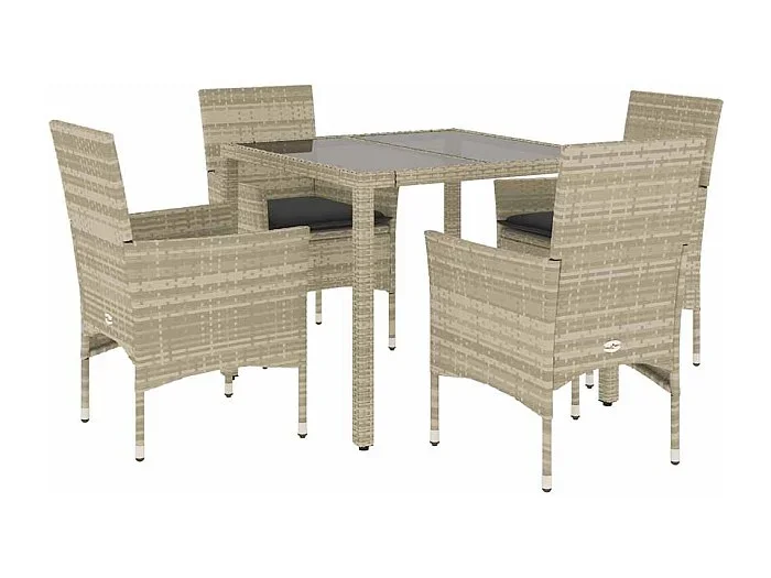 Stafford Springs Set comedor jardín 5 pzas y cojines ratán PE vidrio gris claro