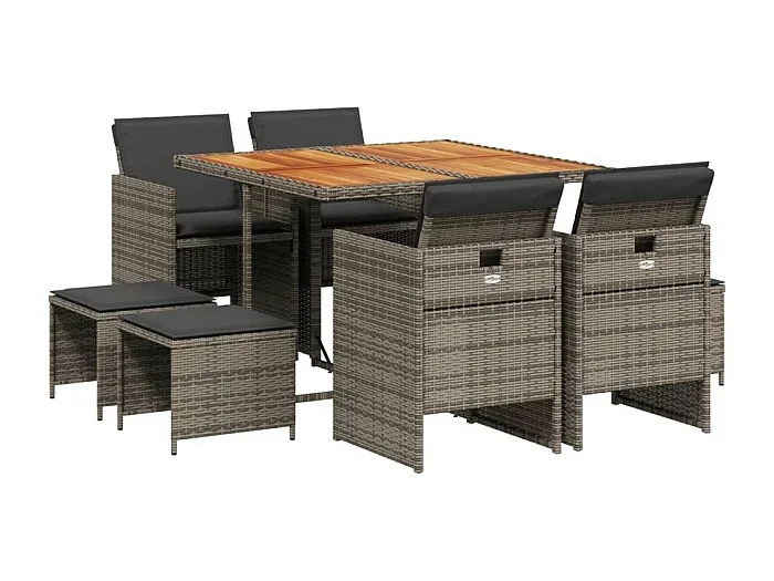 Steno Set comedor jardín 9 pzas y cojines ratán sintético gris