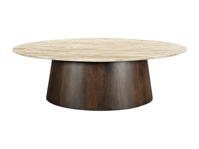 STONE-Mesa de centro ovalada en travertino y madera marrón