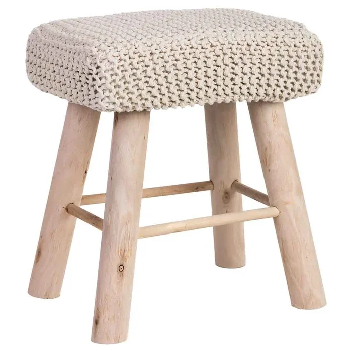 Taburete de madera y algodón trenzado blanco26x39x44h cm