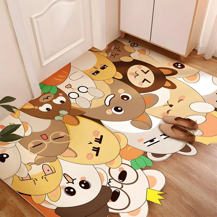 Tapete Infantil de Cuera Multicolor Alfombra Irregular con Patrón de Animales para Entrada, Mascota Amigable – Amarillo 140 x 160 cm