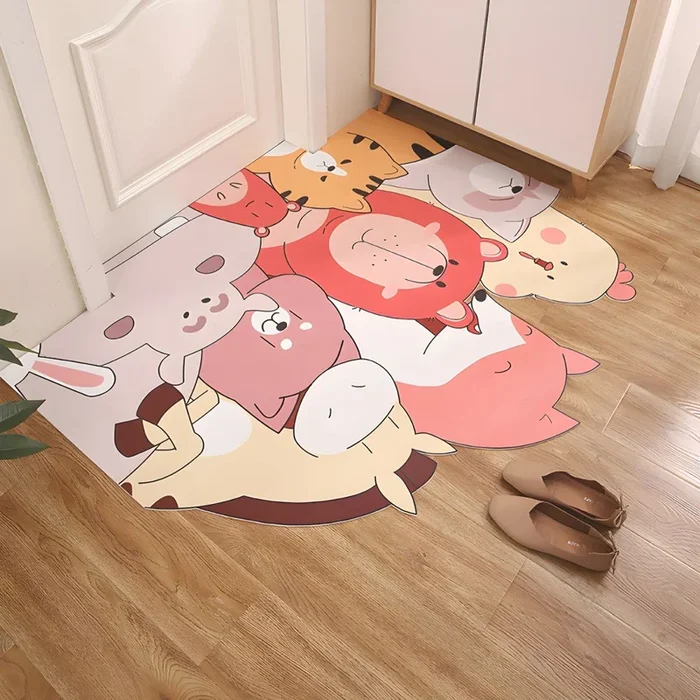Tapete Infantil de Cuera Multicolor Alfombra Irregular con Patrón de Animales para Entrada, Mascota Amigable – Rosa 60 x 90 cm