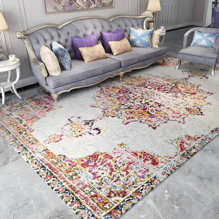 Tapete Retro con Patrón Abstracto Alfombra Antideslizante de Poliéster Multicolor para Salón, Lavable a Máquina – Rojo 120 x 160 cm