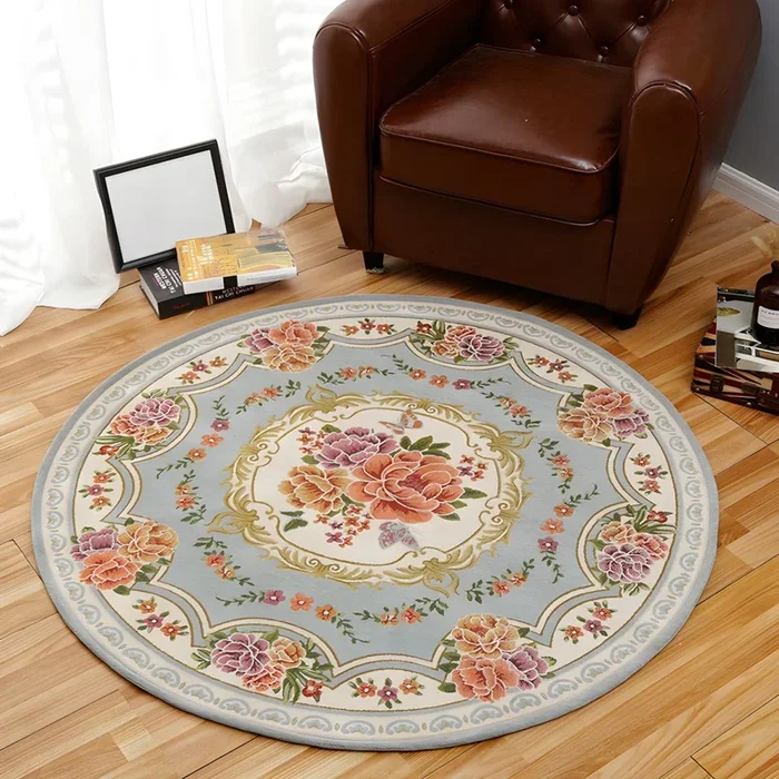 Tapete Retro con Patrón de Flores Alfombra Multicolor de Poliéster Antideslizante para Dormitorio – Azul claro 160 x 160 cm