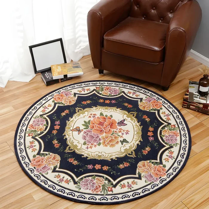 Tapete Retro con Patrón de Flores Alfombra Multicolor de Poliéster Antideslizante para Dormitorio – Azul marino 100 x 100 cm