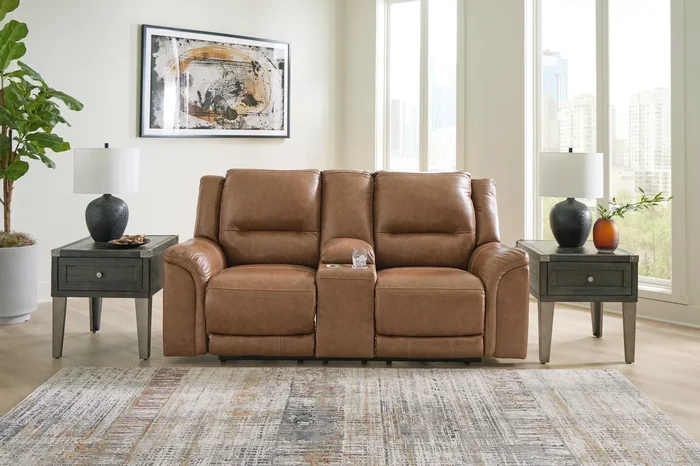 Trasimeno Caramel Dual Power Leather Reclining Loveseat with Console