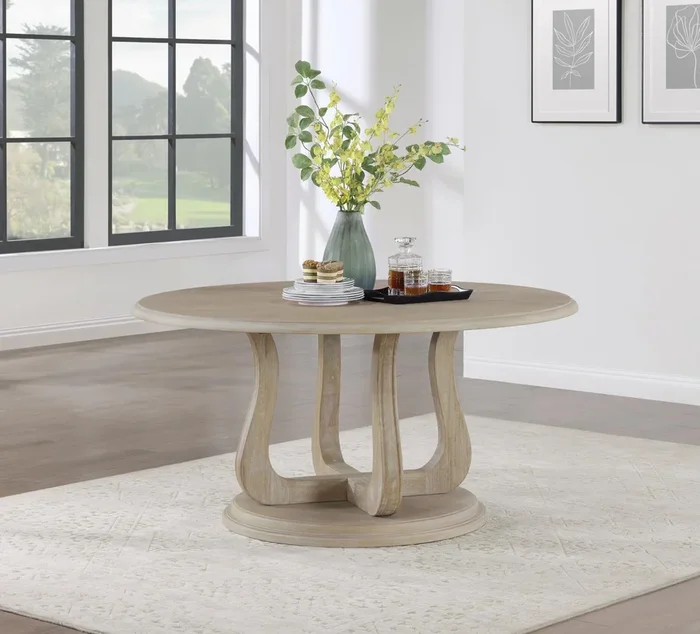Trofello White Washed Round Dining Table with Curved Pedestal Base