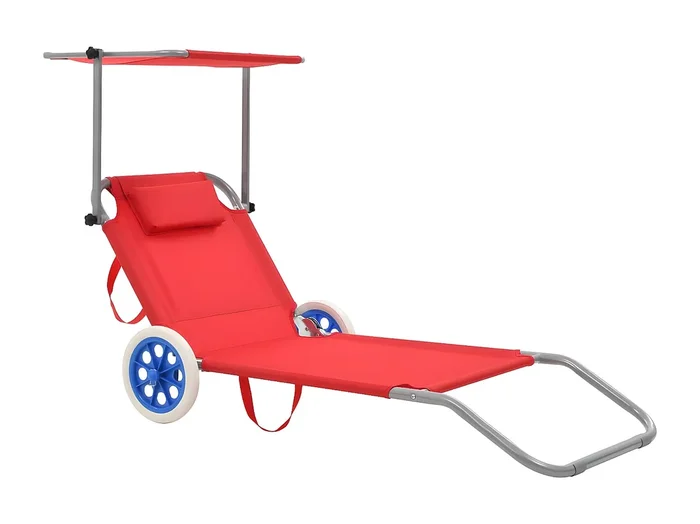 Tumbona plegable con toldo y ruedas acero roja ES770810