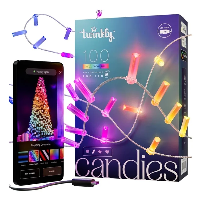 Twinkly – LED RGB Regulable Cinta de Navidad CANDIES 100xLED 8 m USB Wi-Fi