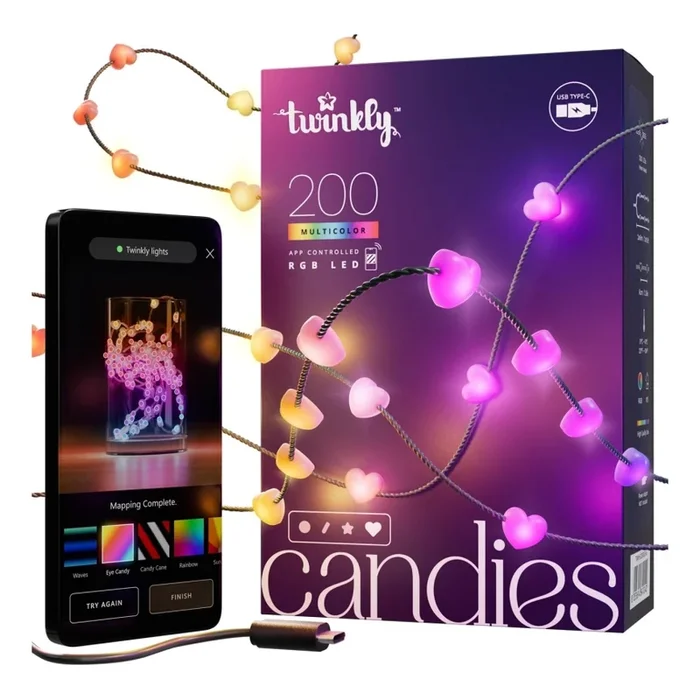 Twinkly – LED RGB Regulable Cinta de Navidad CANDIES 200xLED 14 m USB Wi-Fi