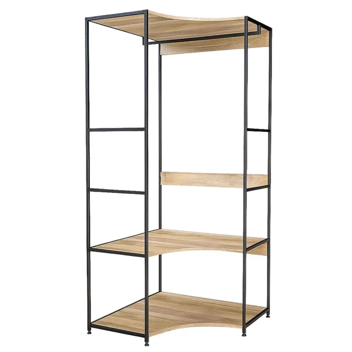 Vestidor Esquinero Abierto Lofi de Dormitorio con 2 Estantes y Barra Color Roble Cambrian y Negro 80x175x80 cm