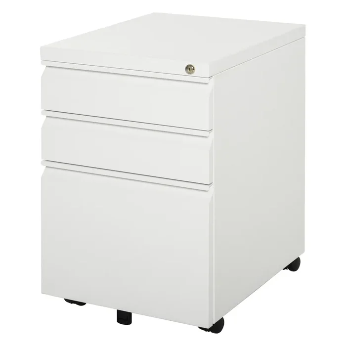 Vinsetto Cajonera de Oficina Mueble Archivador de Acero con 4 Ruedas 3 Cajones Cerradura y 2 Llaves para Tamaño A4 Carta para Estudio Salón 39x48x60 cm Blanco