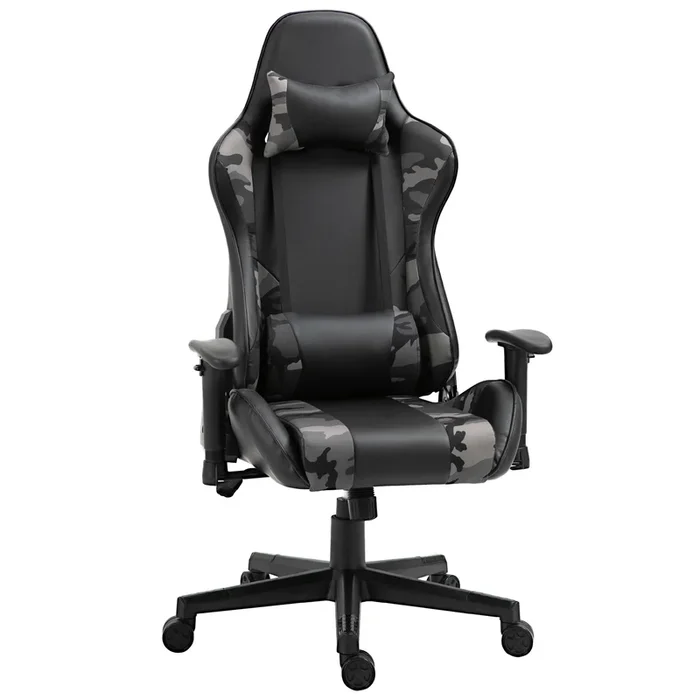 Vinsetto Silla Gaming Ergonómica Silla de Escritorio de Oficina de Cuero Sintético Reclinable con Altura Ajustable Reposabrazos Regulable y Cojines 72x77x126-136 cm Negro y Camuflaje