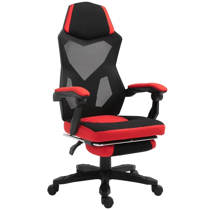 Vinsetto Silla Gaming Giratoria de Malla, Silla Gamer con Reposapiés Retráctil, Respaldo Reclinable y Alto, Altura Ajustable, Reposabrazos Acolchados, Rojo