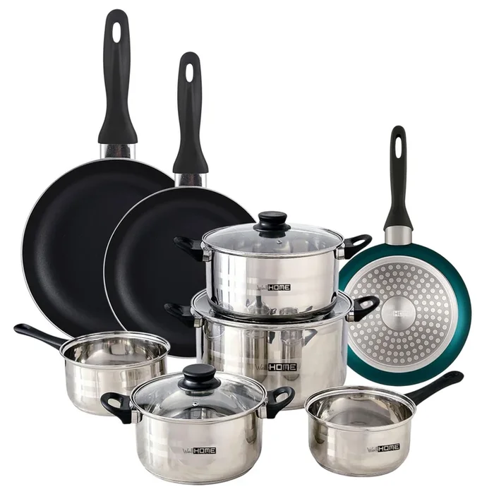 Well Home Set de Batería de cocina de 8pc en acero inoxidable + 3 Sartenes Ø16Ø20Ø24cm Azul metalizado en Aluminio