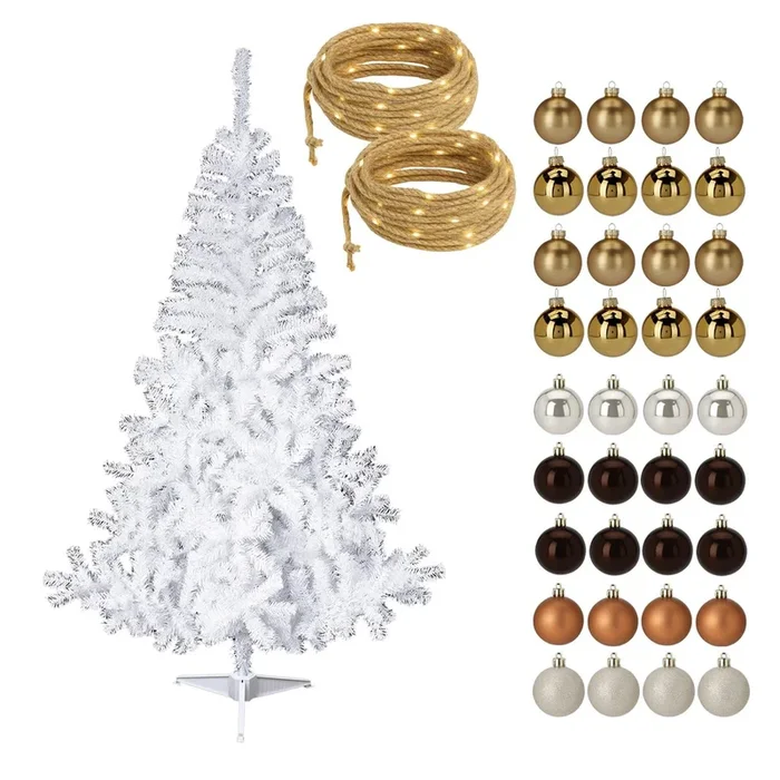 Well Home Set Navideño de Árbol blanco de 150cm con 2 Guirnaldas de 50 LED y 36 Bolas decorativas doradas y ámbar