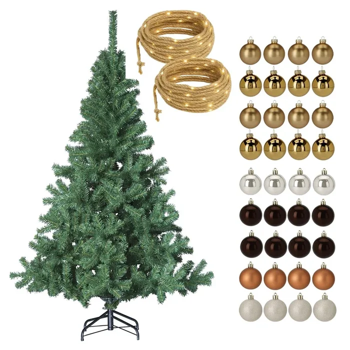 Well Home Set Navideño de Árbol verde de 150cm con 2 Guirnaldas de 50 LED y 36 Bolas decorativas ámbar y doradas