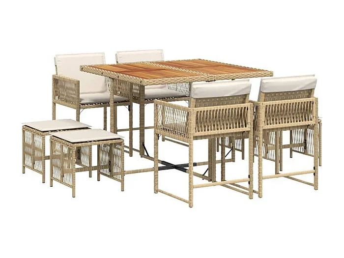 Xeli Set comedor de jardín 9 pzas con cojines ratán sintético beige