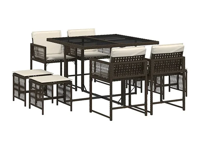 Xeli Set comedor para jardín 9 pzas y cojines ratán sintético marrón