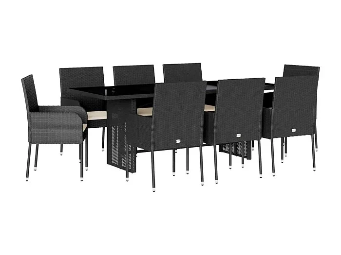 Ymir Set de comedor de jardín 9 pzas y cojines ratán sintético negro