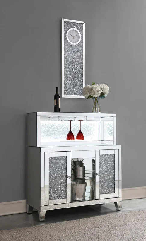 Yvaine Silver 2-door Mirrored Wine Cabinet with Faux Crystal Inlay
