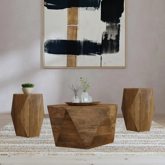 Zalika Natural 3-Piece Solid Wood Coffee and End Table Set