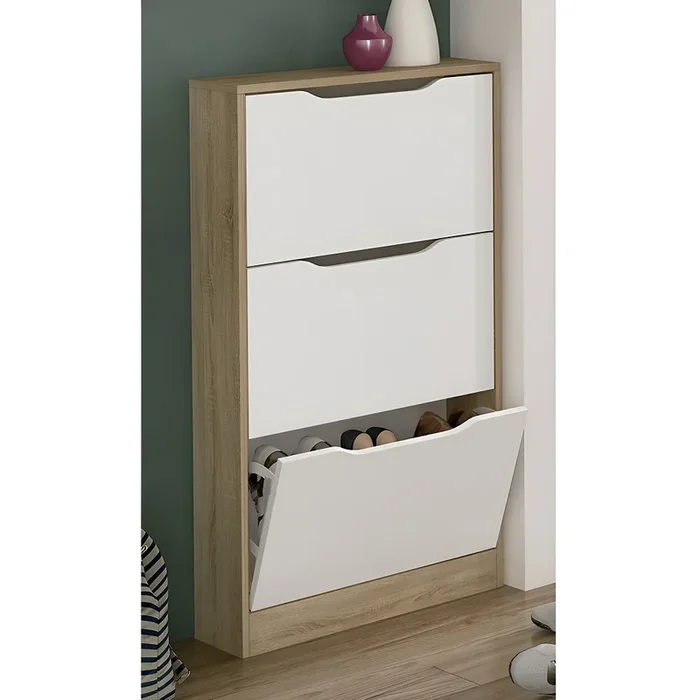 Zapatero 3 puertas abatibles, poco profundo, 9 pares, blanco-roble – Niza