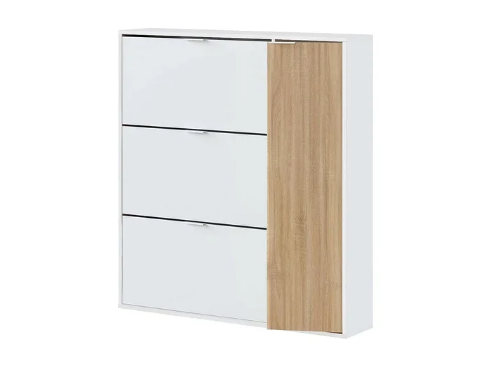 Zapatero Valparaiso, Zapatero que ahorra espacio con 4 puertas, Zapatero de entrada, Armario zapatero, 105x24h112 cm, Roble y blanco brillante
