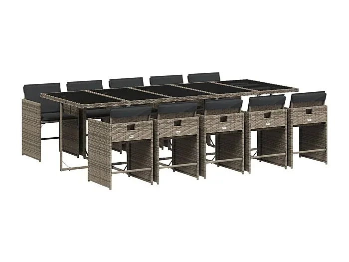 Zele Set de comedor de jardín 11 pzas y cojines ratán sintético gris