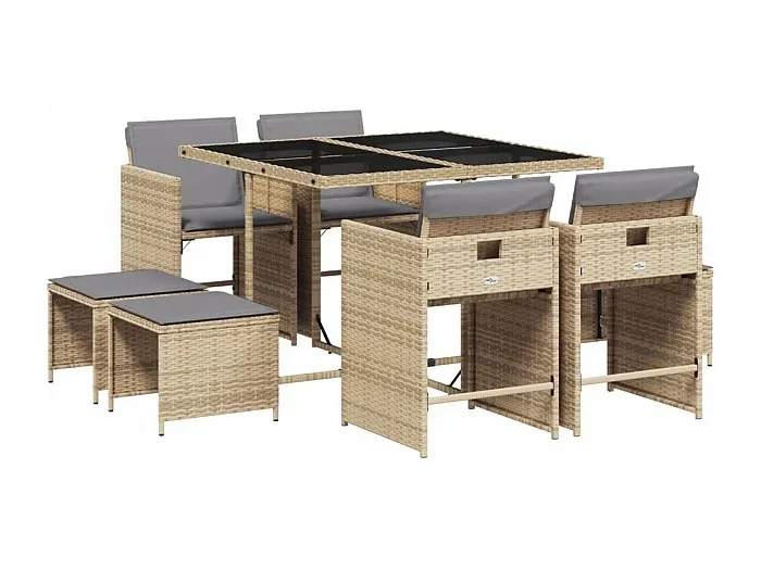 Zenn Set comedor de jardín 9 pzas con cojines ratán sintético beige