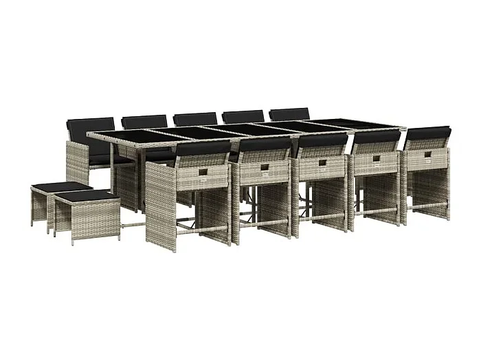 Zenn Set comedor jardín y cojines 15 pzas ratán sintético gris claro
