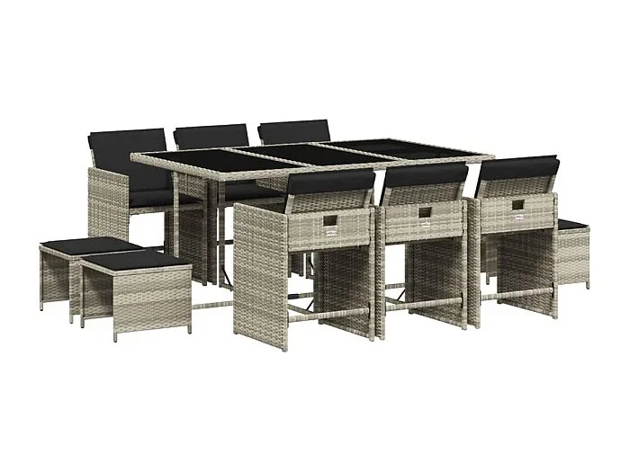 Zenn Set de comedor de jardín 11 pzas y cojines ratán sintético gris