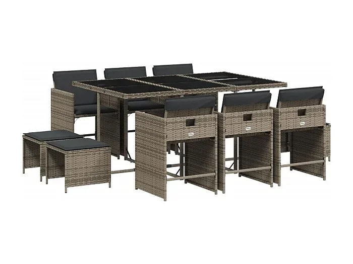 Zenn Set de comedor de jardín 11 pzas y cojines ratán sintético gris