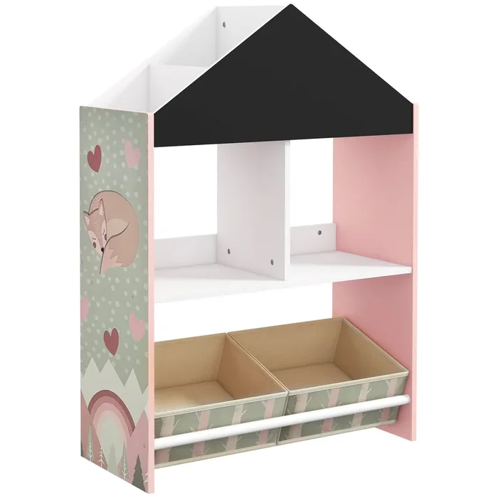 ZONEKIZ Estantería para Juguetes Organizador Infantil con Pizarra Pintable Estantes Abiertos y 2 Cajas de Tela no Tejida Extraíbles para Sala de Juegos Habitación Guardería 62,4×26,5×90 cm Rosa