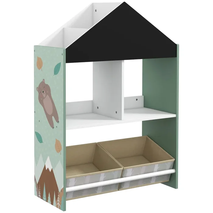 ZONEKIZ Estantería para Juguetes Organizador Infantil con Pizarra Pintable Estantes Abiertos y 2 Cajas de Tela no Tejida Extraíbles para Sala de Juegos Habitación Guardería 62,4×26,5×90 cm Verde