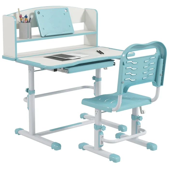 ZONEKIZ Juego de Escritorio y Silla para Niños de 6-12 Años Pupitre Infantil Altura Ajustable con 1 Cajón 1 Estante para Libros y Ángulo de Mesa Ajustable 80×54,5×82-104 cm Azul y Blanco