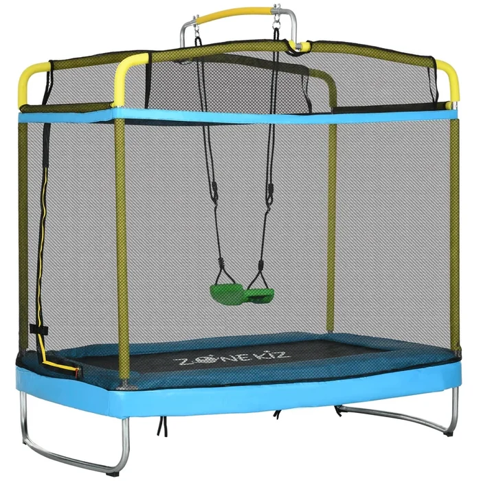 ZONEKIZ Trampolín para Niños 3 en 1 Cama Elástica Infantil con Red de Seguridad Barra Horizontal Desmontable y Columpio para Exterior e Interior 178x118x210 cm Azul Claro